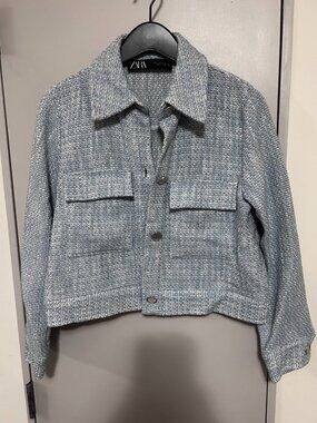 Zara Blue White Tweed Cropped Shirt Jacket Flap Pockets Women's S